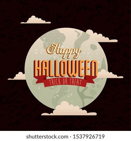 poster of halloween with moon and clouds vector illustration design