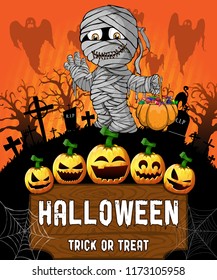 Poster of Halloween with mummy. Vector illustration.