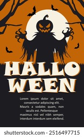 A poster for a Halloween party. A Halloween flyer or an invitation card with a creepy pumpkin monster. vector illustration.