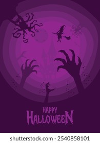 um cartaz para uma festa de halloween com mãos e esqueleto no fundo roxo.