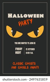 Poster, Halloween party invitation retro. cat evil yellow eyes. Groovy vector 