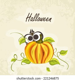 Poster of Halloween party with pumpkin, leaves and scary eyes on stylish background.