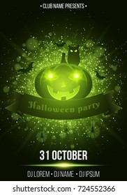 Poster for Halloween party. Ribbon banner. Bright flash of light with green lights. Green cartoon pumpkin, spiders and bats. Dark owl. The name of the DJ. Invitation card. Vector illustration