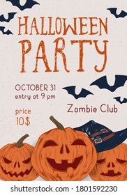 Poster of Halloween party with scary pumpkins in witch hat vector illustration. Hand drawn placard or invitation of All saints day with bat and design elements. Autumn seasonal holiday advertising