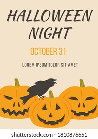 Poster of Halloween party with scary pumpkins and sitting rowen vector illustration. Placard or invitation of All saints day with crow and orange horror pumpkin faces. Autumn holiday advertising.