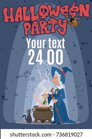 poster for a Halloween party witch near the cauldron with a cat