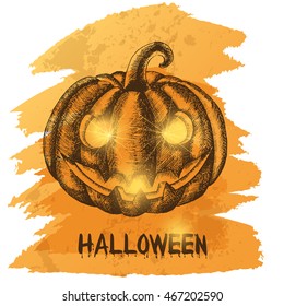 Poster with Halloween pumpkin. Lantern Jack. Sketch. Vector illustration 
