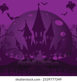 a poster for halloween with pumpkins and cemetery on the top.