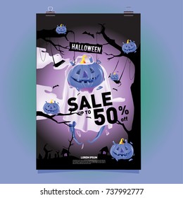 Poster Halloween Sale and Party event. Vector Template Halloween Fall and Autumn season.