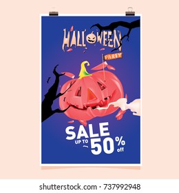 Poster Halloween Sale and Party event. Vector Template Halloween Fall and Autumn season.