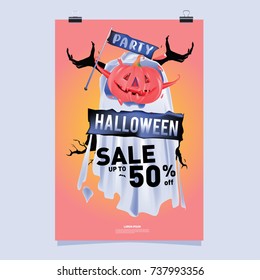 Poster Halloween Sale and Party event. Vector Template Halloween Fall and Autumn season.