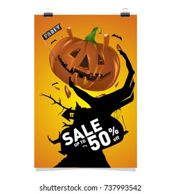 Poster Halloween Sale and Party event. Vector Template Halloween Fall and Autumn season.