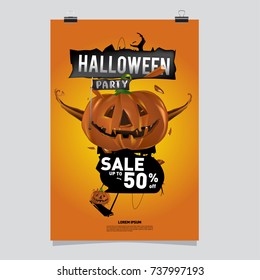 Poster Halloween Sale and Party event. Vector Template Halloween Fall and Autumn season.