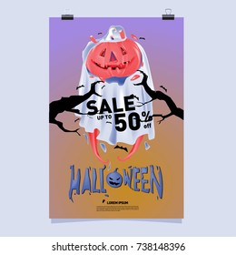 Poster Halloween Sale and Party event. Vector Template Halloween Fall and Autumn season.