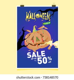Poster Halloween Sale and Party event. Vector Template Halloween Fall and Autumn season.