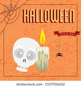 poster of halloween with skull and candle vector illustration design