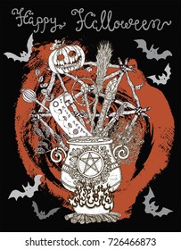 Poster with Halloween traditional symbols and magic objects on texture background. Graphic vector engraved illustration, good witch collection