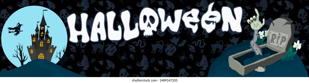 poster halloween witch on a broomstick and zombies for the holiday