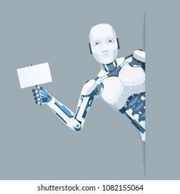 Poster in hand android robot look out corner online help technology science fiction future sale 3d design vector illustration