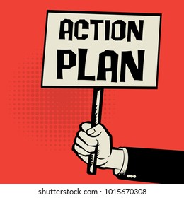 Poster in hand, business concept with text Action Plan, vector illustration