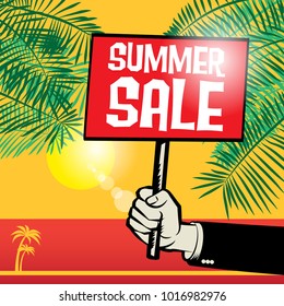 Poster in hand, business concept with text Summer Sale, vector illustration