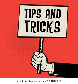 Poster in hand, business concept with text Tips and Tricks, vector illustration