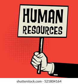 Poster in hand, business concept with text Human Resources, vector illustration