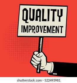 Poster in hand, business concept with text Quality Improvement, vector illustration