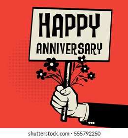 Poster in hand, business concept with text Happy Anniversary, vector illustration.