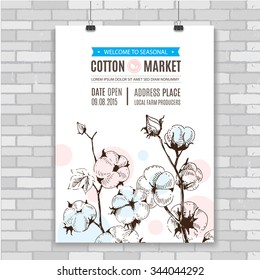 Poster with hand draw stems of cotton plants. Perfect design for natural market advertising, organic farming industry and bio product business.
