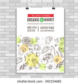 Poster with hand draw vegetables and food. Perfect design for natural market advertising, organic farming industry and bio product business. 