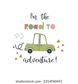 Poster with hand drawn car. Can be used for children's textiles, poster printing in the children's room.