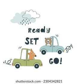 Poster with hand drawn cars. Can be used for children's textiles, poster printing in the boy's nursery.