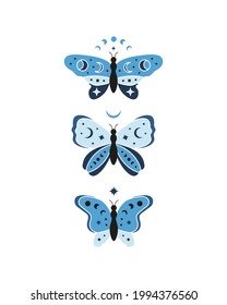Poster with hand drawn colorful celestial butterfly with stars, crescent and moon phases isolated on white background. Witchy magic talismans. Mystical illustration.