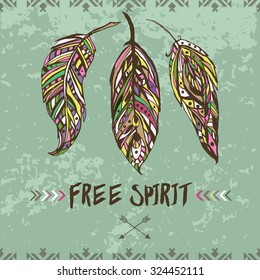 Poster with hand drawn colorful feathers and text.