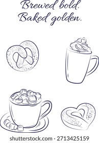 Póster dibujado a mano taza de café y pasteles