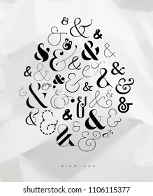 Poster hand drawn decoration symbols ampersand drawing on crumpled paper background