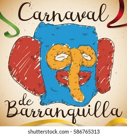 Poster with hand drawn design of colorful marimonda (traditional costume) head over a scroll and ribbons for Barranquilla's Carnival (written in Spanish) celebration.