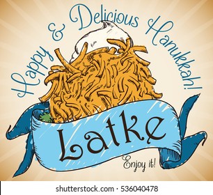 Poster with hand drawn design of delicious latke decorated with a ribbon and a greeting message to celebrate Hanukkah.