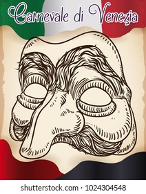 Poster with hand drawn design of Pantalone mask over a old scroll with traditional fabric of this character and the Italy flag to celebrate in Venice Carnival (written in Italian).