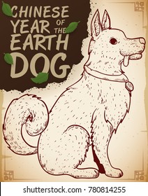 Poster with hand drawn design in scroll of loyal puppy waiting for the beginning of the Chinese New Year of the Dog with earth and leaves, elements of this zodiacal animal.