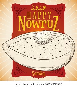Poster with hand drawn design of Sumac powder in a bowl that represents the spice of life and the sunrise colors over red label with golden text for Nowruz (written in Persian) celebration.