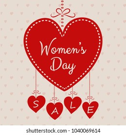 Poster with hand drawn hearts for Women's Day Sale. Vector.