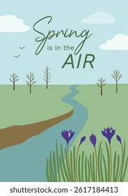 Poster with hand drawn illistration inspired by nature and spring season. Poster with landscape of river and purple flowers