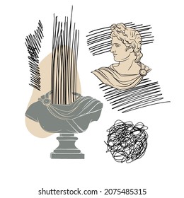 Poster hand drawn illustration of antique head of Apollo isolated. Template for a postcard, poster, banner, t-shirt print, pin, badge, stripe.