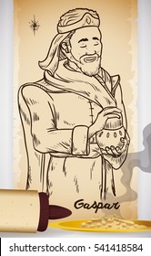 Poster with hand drawn illustration of Wise Man Caspar (or Gaspar in Spanish) in a scroll and incense present for Baby Jesus in Epiphany celebration.