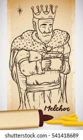 Poster with hand drawn illustration of Wise Man Melchior (or Melchor in Spanish) in a scroll with gold gift for Epiphany celebration.