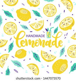 Poster with hand drawn lettering inscriptions about Handmade Lemonade, sketch of lemon, sliced lemons and leaves. Hand drawn text sticker kit on healthy cooling drinks, posters