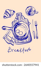 Poster Hand drawn line food illustration vector. Coffee, breakfast, buns.	