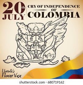Poster with hand drawn Llorente's flower vase broken and tricolor flag for Colombia Independence Day (written in Spanish) in July 20.